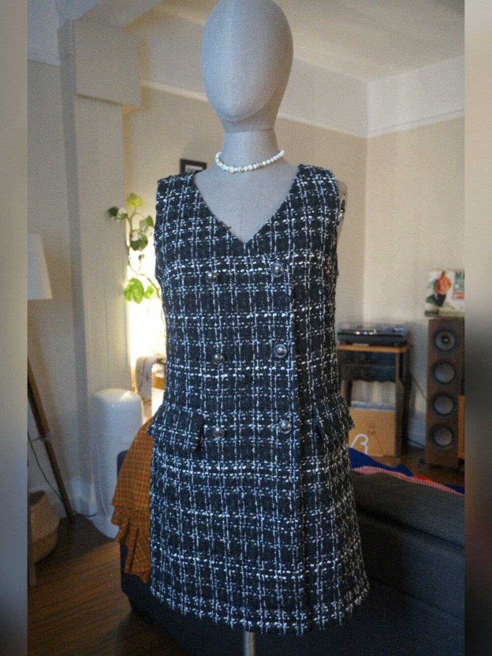 🖤 JOE FRESH Black & White Tweed Double Breasted Sleeveless Dress Size Small S